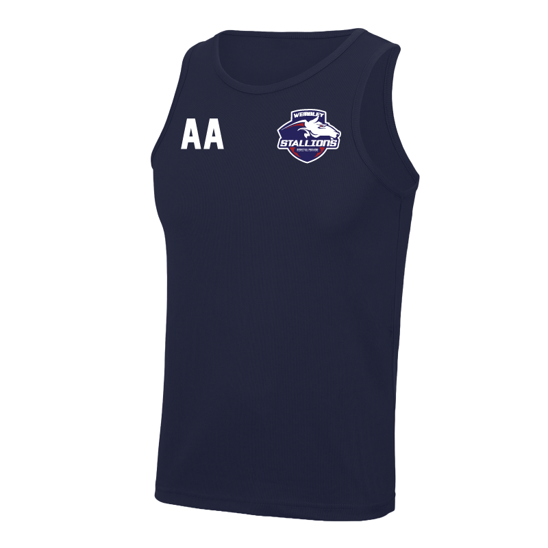 AWDI Just Cool JC007 Wembley Stallions AFC navy blue performance vest front view left angle