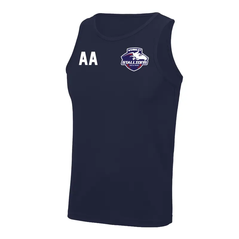AWDI Just Cool JC007 Wembley Stallions AFC navy blue performance vest front view left angle
