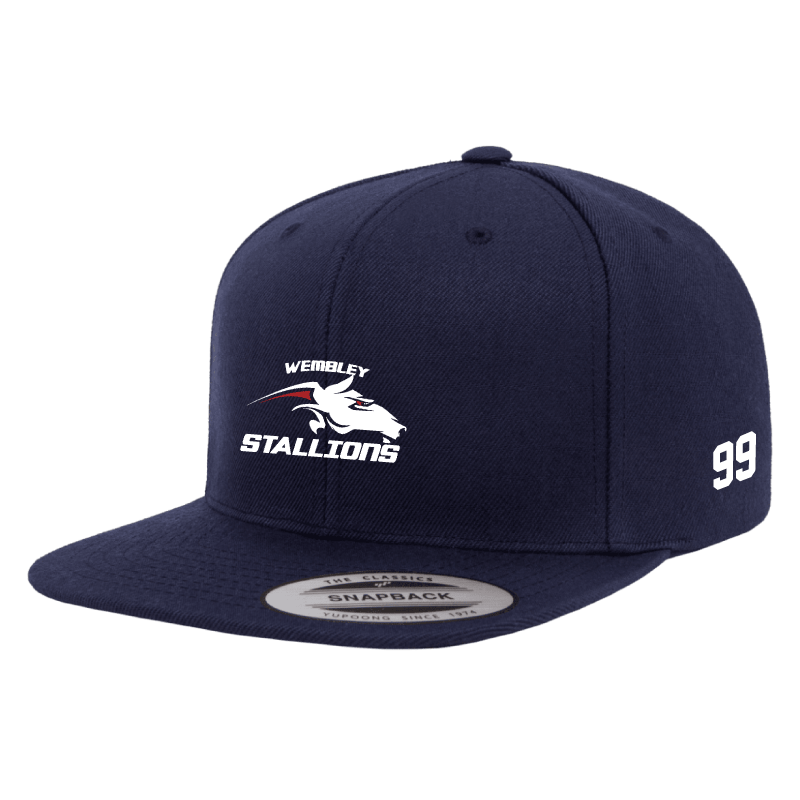 Flexfit YP001 Wembley Stallions AFC Adult navy blue classic flat peak snapback cap back view left angle