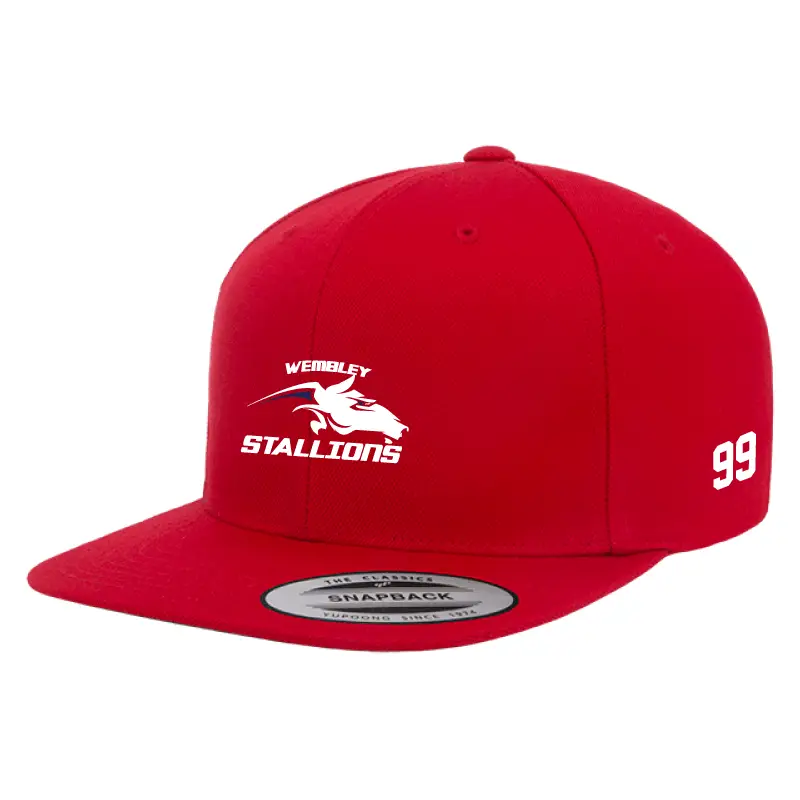 Flexfit YP001 Wembley Stallions AFC Adult red classic flat peak snapback front view left angle
