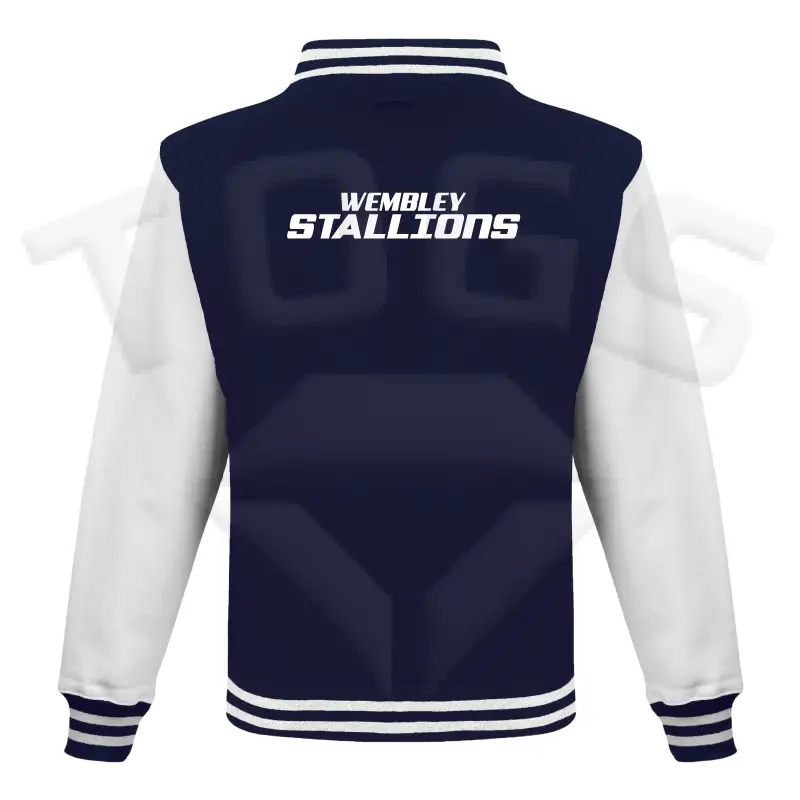 AWDI ALL WE DO IS JUST HOODS VARSITY JACKET LETTERMAN JACKET WEMBLEY STALLIONS AFC AMERICAN FOOTBALL CLUB BILLY THE HORSE NORTH LONDON WEST LONDON BRITISH AMERICAN FOOTBALL